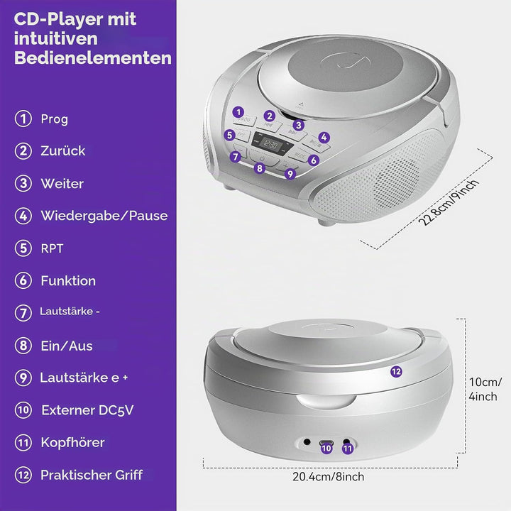 Gueray CD Player Tragbar Boombox Radio mit CD-Player CD Spieler mit Lautsprecher Display Unterstützu