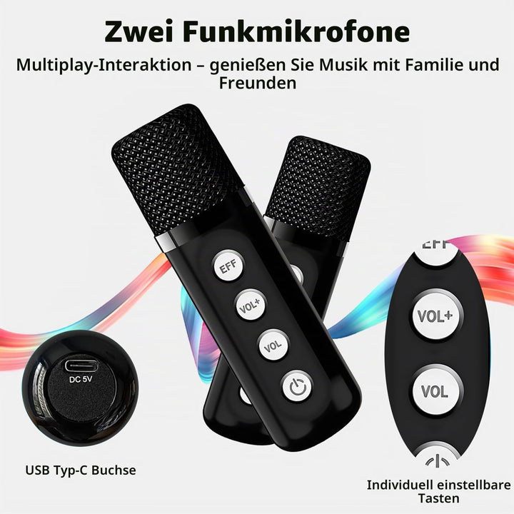 Karaoke Maschine mit 2 Mikrofonen, Tragbare Bluetooth Lautsprecher Box für Erwachsene und Kinder, Ka