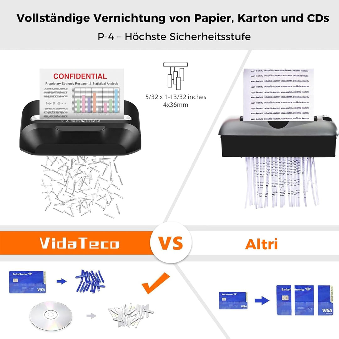 Schredder, 10 Blatt Kreuzschnitt (P-4) Aktenvernichter, VidaTeco Partikelschnitt Papierschredder für