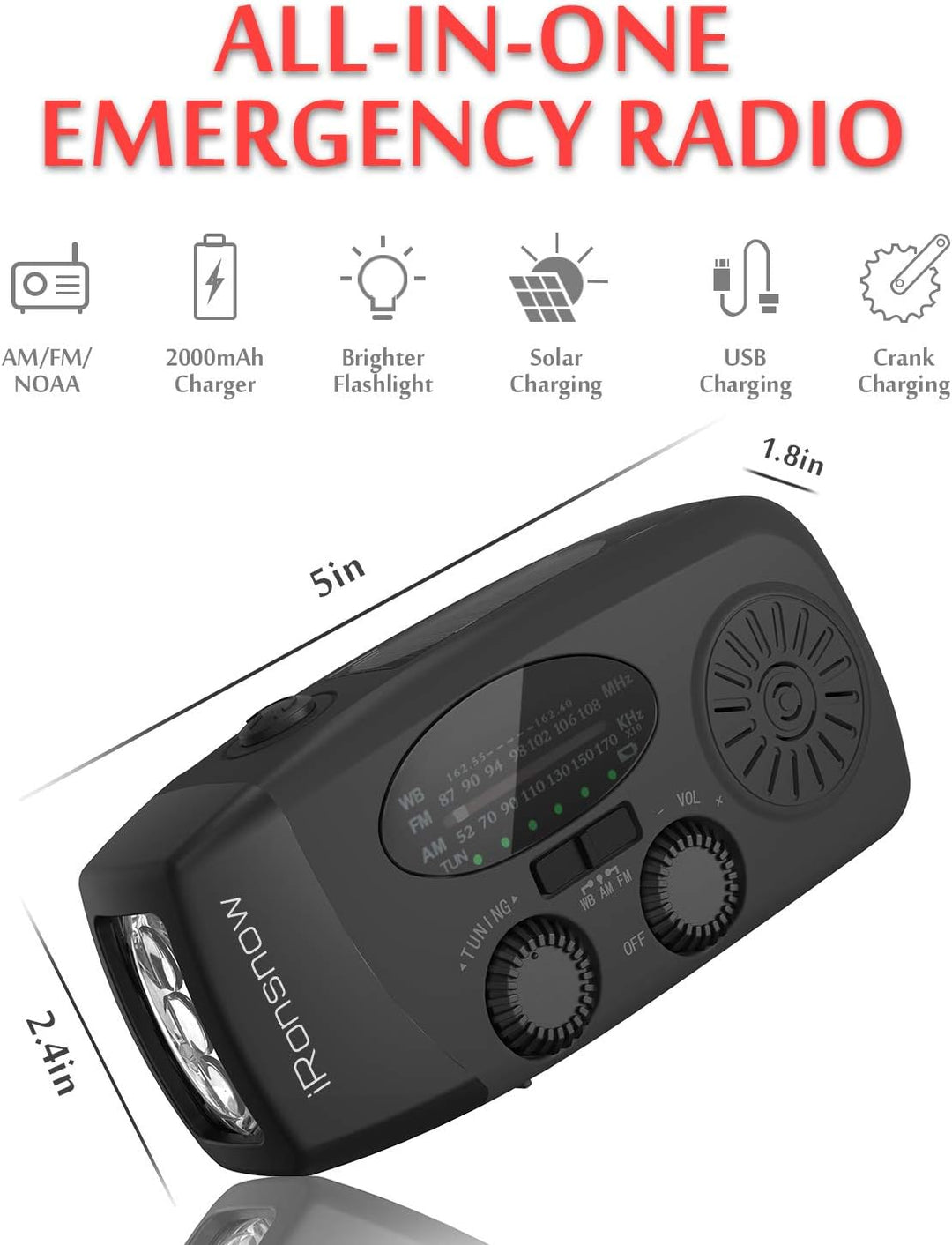 iRonsnow Notfall-Solarradio, Tragbare Kurbelradio mit LED-Taschenlampe, SOS-Alarm, AM/FM/WB Solar Wi