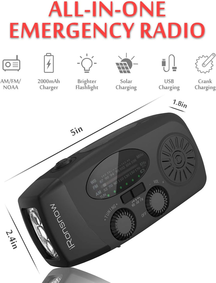 iRonsnow Notfall-Solarradio, Tragbare Kurbelradio mit LED-Taschenlampe, SOS-Alarm, AM/FM/WB Solar Wi