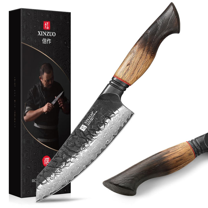 XINZUO 14,5cm Santokumesser Damaststahl 10Cr15CoMoV Stahlkern -Profi Chefmesser Damaszener Stahl Küc