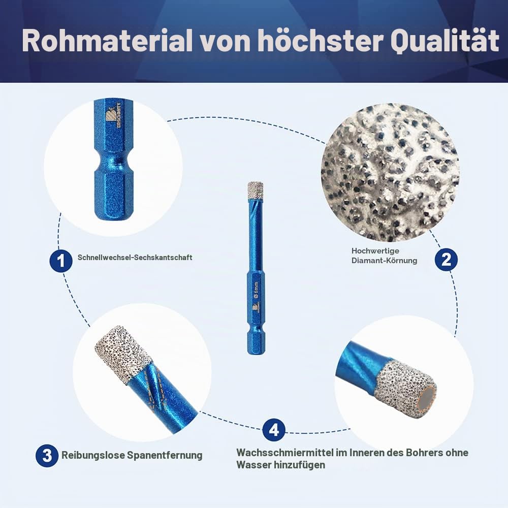 Diamantbohrer Fliesenbohrer Set 6mm - BRSCHNITT 5 Stück Sechskant-Schaft fliesenbohrer set- Lochsäge