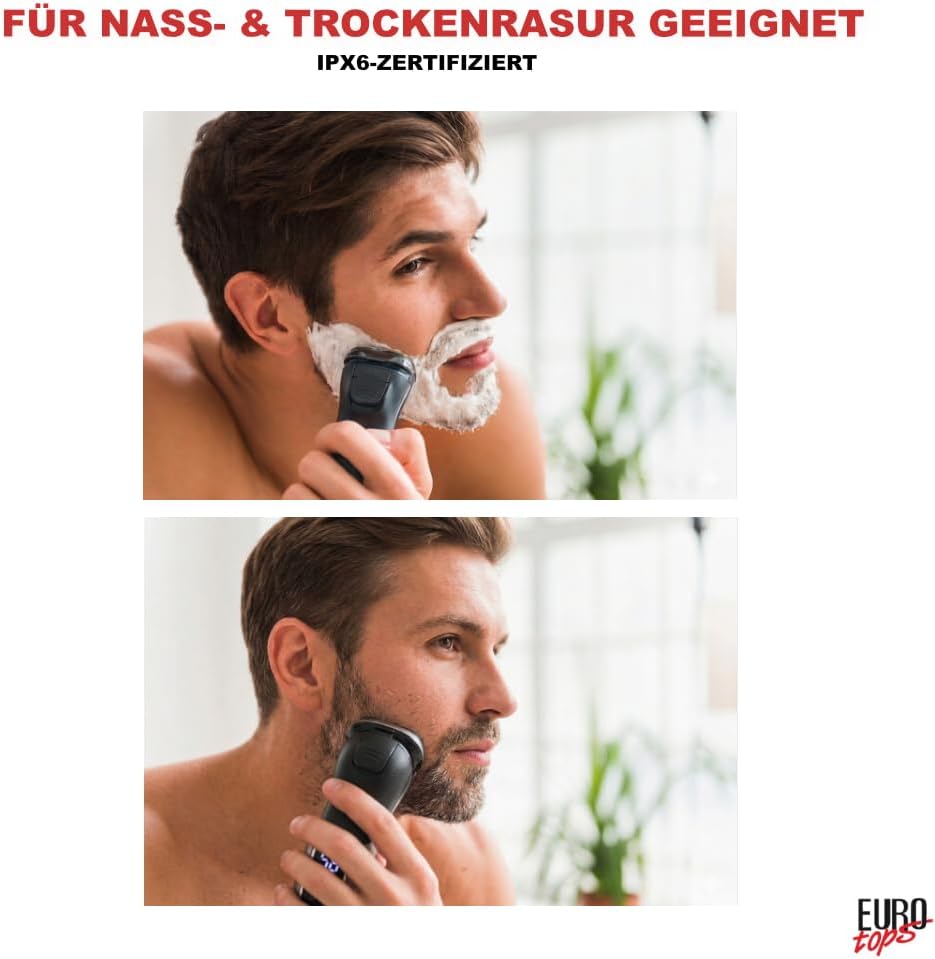 EUROtops Herren Elektro-Rasierer mit 3 Scherköpfen – LC-Display/Lade-Station, Kabelloser Nass- / Tro
