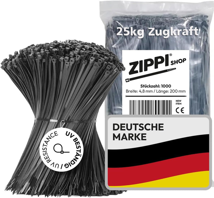 Kabelbinder 200mm Schwarz (1000 Stück) | 200mm x 4,8mm - 25kg Zugkraft | Kabelbinder uv beständig |