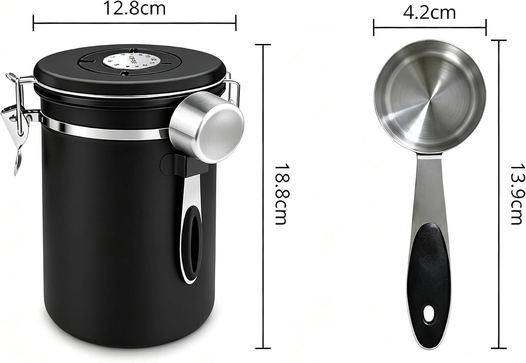 Edelstahl Kaffeedose 1,8L luftdicht, Kaffeebohnenbehälter mit Datumsanzeige (Schwarz), Schwarz