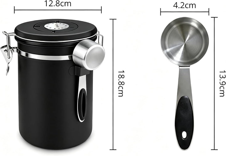 Edelstahl Kaffeedose 1,8L luftdicht, Kaffeebohnenbehälter mit Datumsanzeige (Schwarz), Schwarz