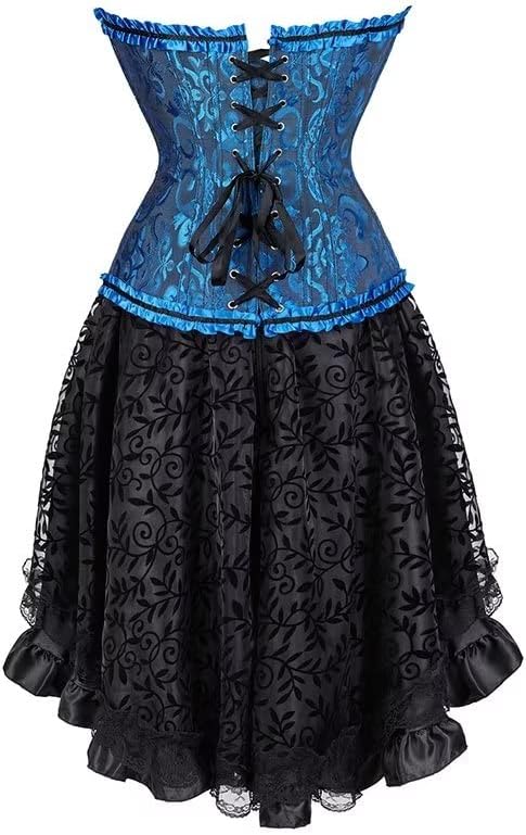 Korsett Kleid Damen Corsage Set Bustier Korsettkleid Blumen Gothic Burlesque L Blackblue, L Blackblu