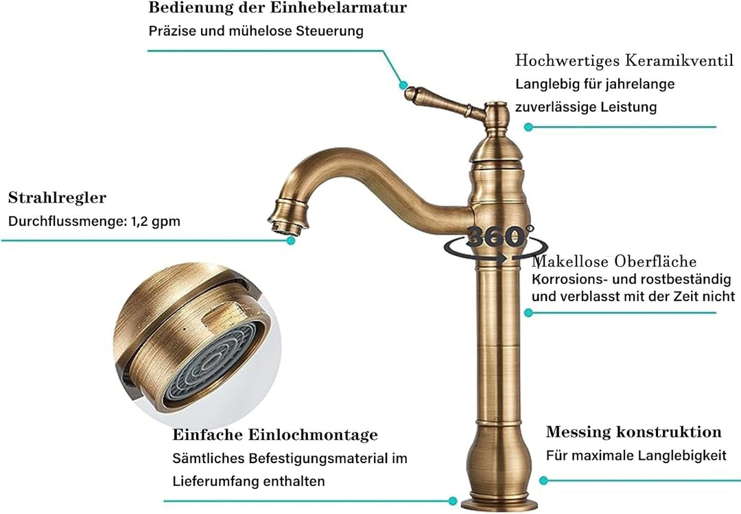 Rozin Wasserhahn Bad Antik Messing Arbeitsplatte Wasserhahn Hoch Waschtischarmatur 360°Schwenkbar Ei