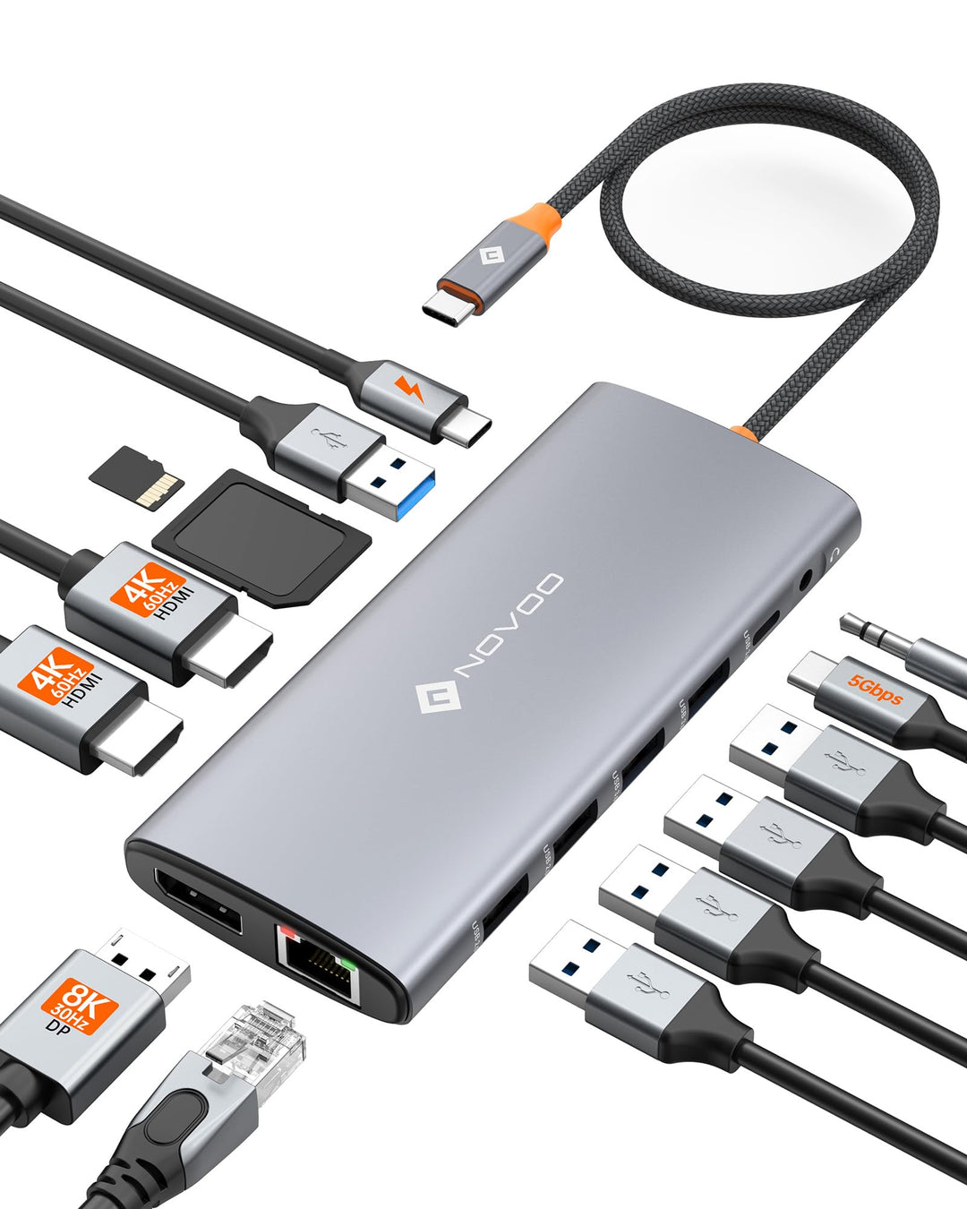 NOVOO USB C Docking Station 14-in-1 USB C Hub Triple Display mit 2 HDMI 4K@60Hz,DisplayPort 4K@120Hz
