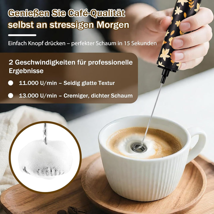 Milchschäumer Elektrisch USB-C mit 5 Wechselbaren Edelstahl-Schneebesen–2 Einstellbare Geschwindigke