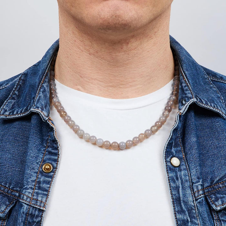 Handgemachte Herren Perlenkette Kette Tigerauge Onyx Grau Achat Jaspis | 8MM Natürliche Edelsteine H