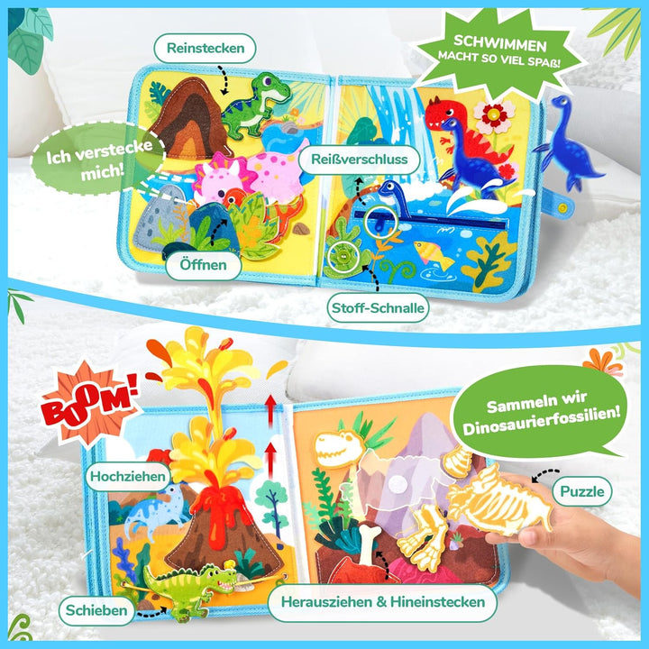 JoyCat Montessori Spielzeug ab 1 Jahr - Dinosaurier Quiet Book Busy Board für Unterwegs, Busy Book f