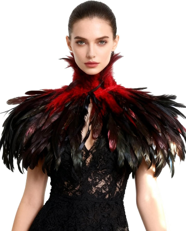 keland Schwarzer Gothic Victorian natürlicher Feder-Kap-Schal-Stola Poncho mit-Kragen Rot, Rot