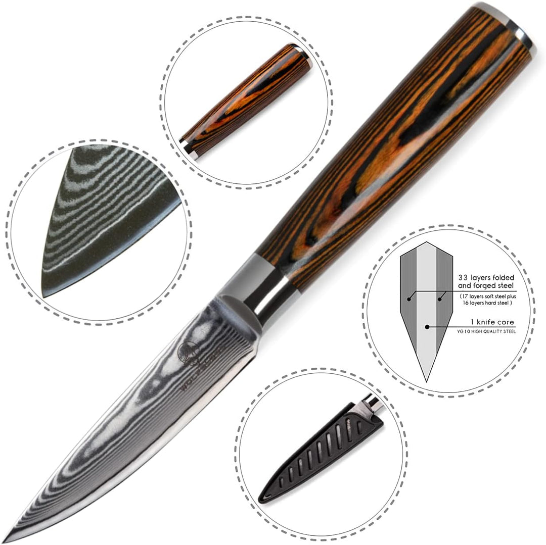 Wolfblood Damastmesser Schälmesser S (20cm) TÜV geprüfter 62 HRC Damaststahl aus 67 Lagen I Obstmess