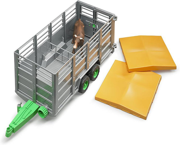 bruder 02227 - Viehtransportanhänger mit 1 Kuh - 1:16 Tiertransporter, Anhänger, Landwirtschaft, Bau