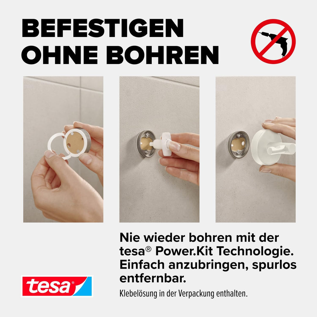 tesa MOON WHITE Duschablage zur Wandmontage ohne Bohren, weiss matt - einstöckig und extra tief - fü
