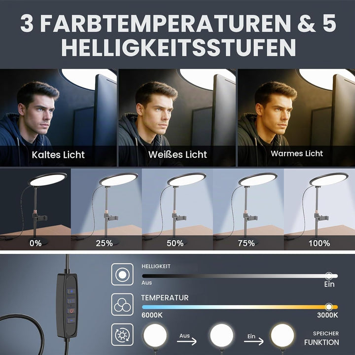 Upgrade Ringlicht mit Stativ Handy Laptop Videokonferenz Licht, 10.3” Tisch Handy Ringleuchte 3 Lich