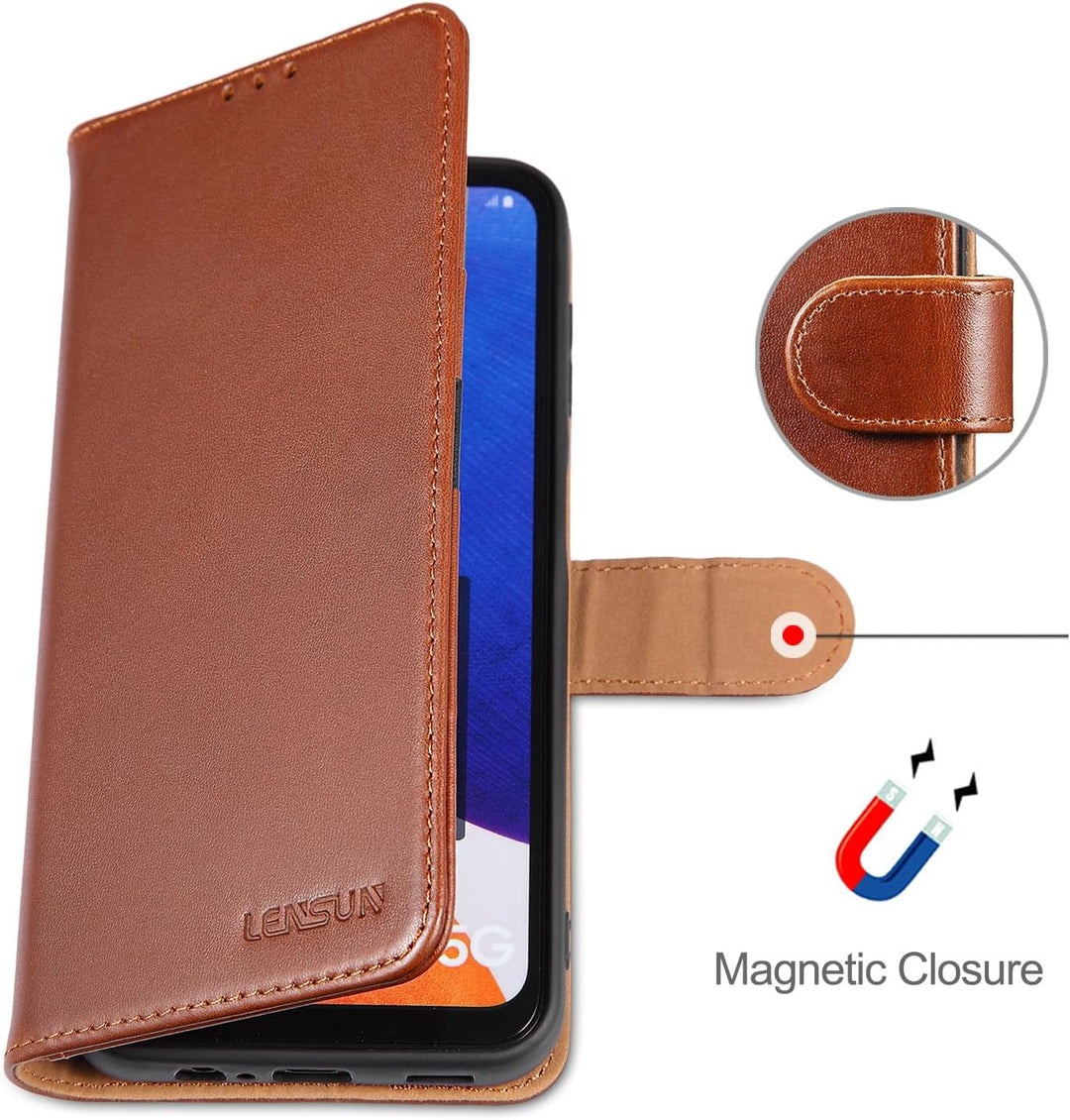 LENSUN Echtleder Hülle für Samsung Galaxy A14, Handyhülle [Echtes Leder][Kartenfach][RFID Schutz][Kl
