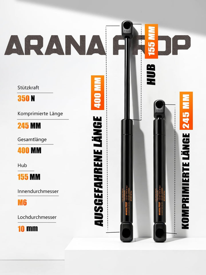 400MM 350N Gasdruckfedern (2 Stück) - Schwerlast Gasdämpfer für Bettkasten, Heckklappe & Mülltonnenb