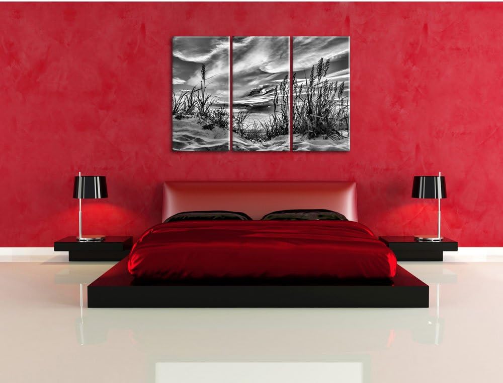 Pixxprint Monocrome, Gras am Strand bei Sonnenuntergang 3-Teiler Leinwandbild 120x80 Bild auf Leinwa