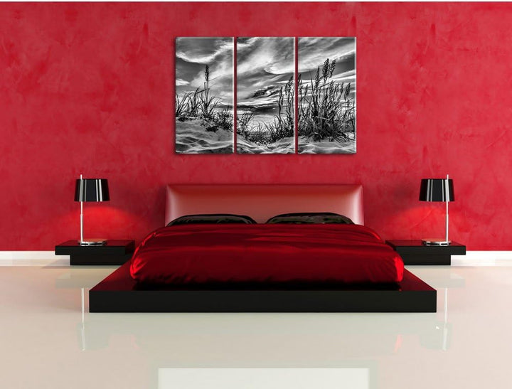 Pixxprint Monocrome, Gras am Strand bei Sonnenuntergang 3-Teiler Leinwandbild 120x80 Bild auf Leinwa