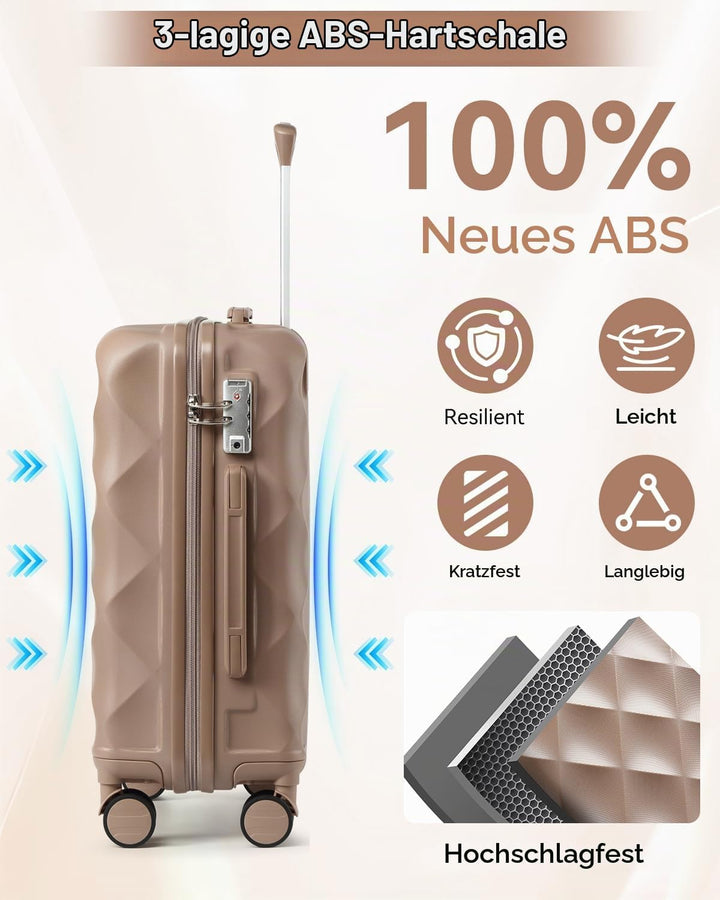 Handgepäck Koffer Trolley ABS Leicht Reisekoffer Hardschale 4 Rollen und TSA Schloss Mit 1 Reisetasc