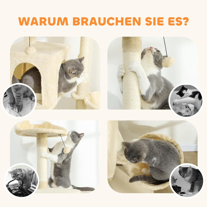 PawHut Kratzbaum, 160 cm hoch Katzenbaum mit 2 Höhlen, Korb, Hängematte, 2 Bällen, Katzenbett mit Ka