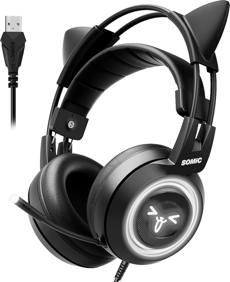 Somic Cat Gaming-Headset mit Virtual 7.1 und LED-Licht, Surround Sound, Headset mit Noise Cancelling