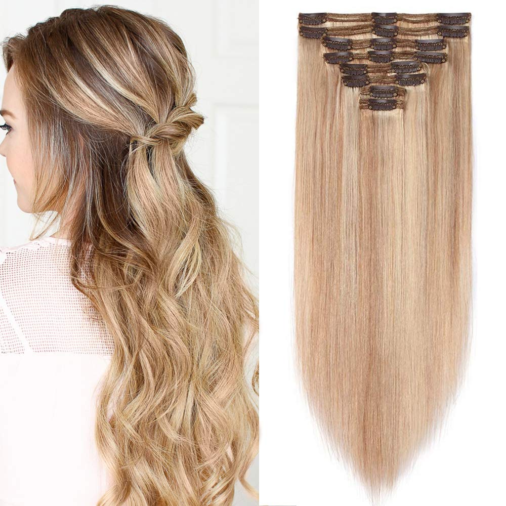 SEGO Clip in Extensions Echthaar Haarverlängerung Haarteil Doppelt 8 Teile hitzebeständig glatt Honi