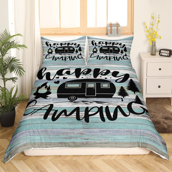 Camper Bettwäsche Set 220 x 240 Teenager Happy Camping Bettbezug rustikaler Bauernhaus Stil Skizzenz