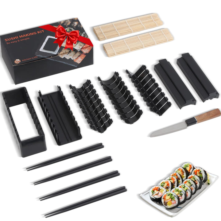 Sushi-Macher Set, 14-tlg. Sushi-Kit für Anfänger mit Rolle, Schneideform, Messer, Matten und Stäbche