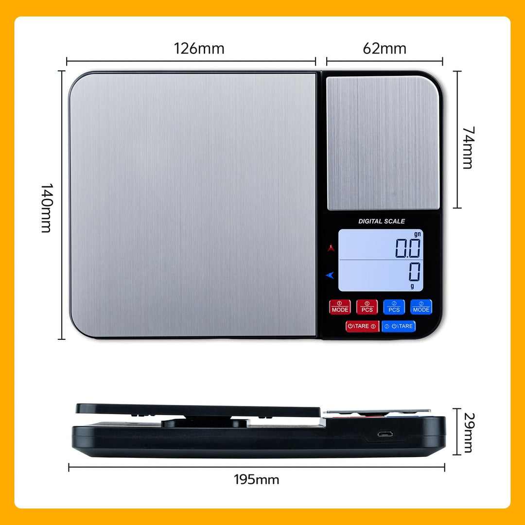 Digitale Küchenwaage mit 2 Plattformen,USB Wiederaufladbar – 10kg/1g & 500g/0,01g Dual Plattform Prä
