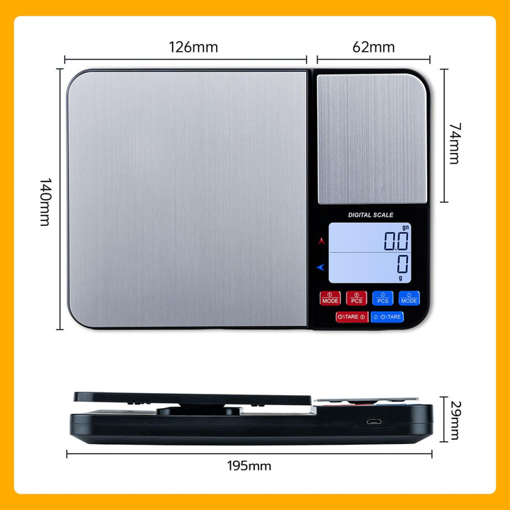 Digitale Küchenwaage mit 2 Plattformen,USB Wiederaufladbar – 10kg/1g & 500g/0,01g Dual Plattform Prä