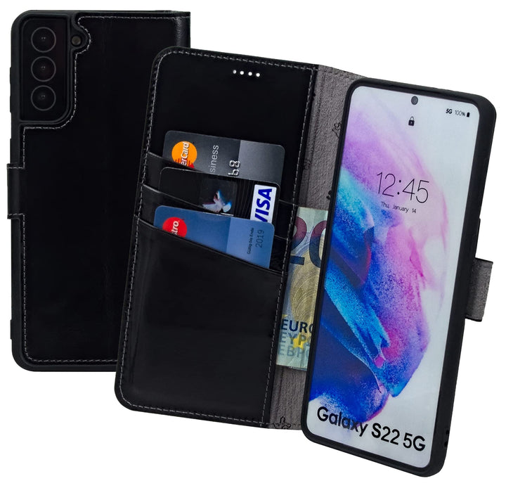 Suncase Book-Style Hülle kompatibel mit Samsung Galaxy S22 5G Leder Tasche (Slim-Fit) Lederhülle Han