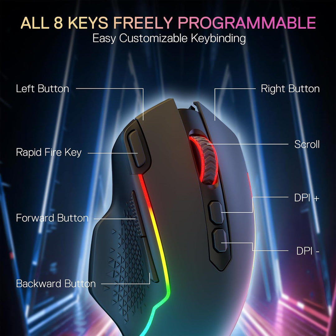 Redragon M810 MAX 3-Modus-Funk-Gaming-Maus, 12000 DPI kabelgebundene/kabellose RGB-Maus mit Schnellf