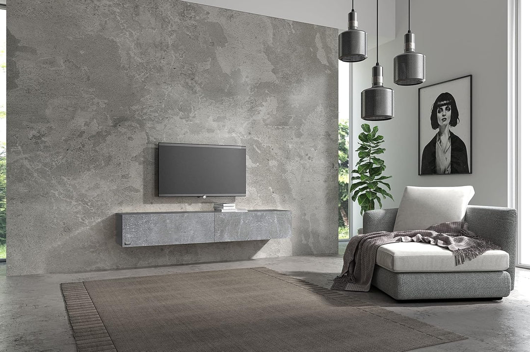 Wuun® TV Lowboard TV Board hängend I 100cm-280cm I Hängeschrank Wohnwand/Somero I Schwarz-Matt/Beton
