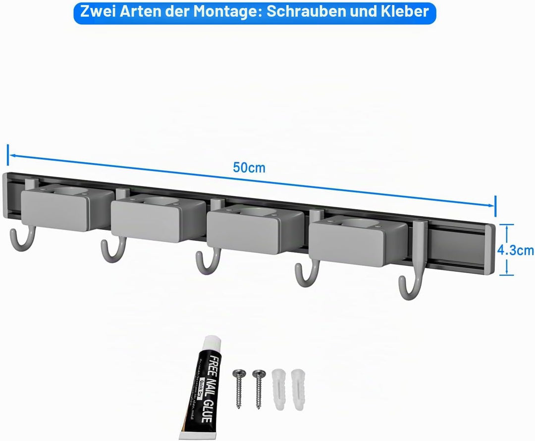 Besenhalterung Wand Ohne Bohren, Besenhalter mit 4 Halter und 5 Haken Beweglicher Wandhalterung Bese