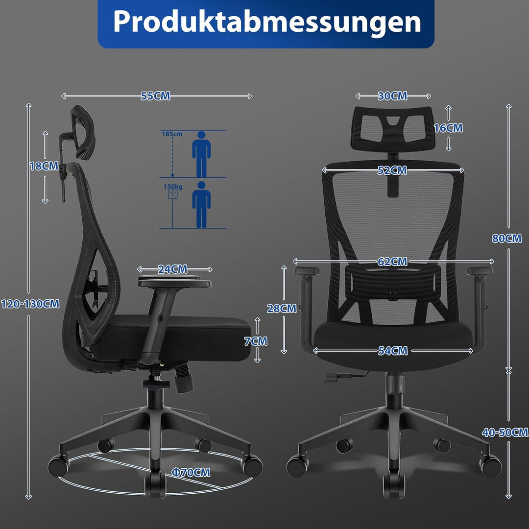 Bürostuhl Ergonomisch, Schreibtischstuhl mit Kopfstütze, Lordosenstütze und Höhenverstellbaren Armle