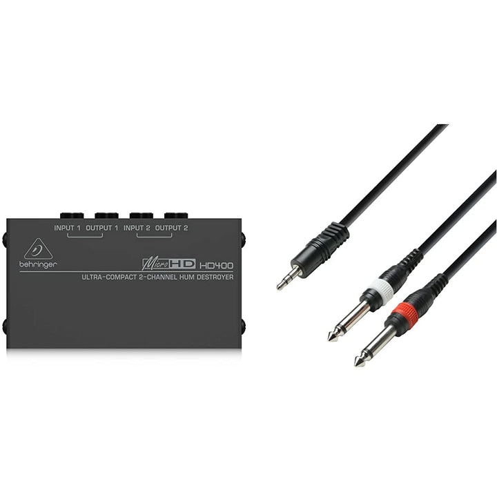 Behringer MICROHD HD400 Ultrakompakter 2-Kanal Brummzerstörer Bundle mit 3,5mm auf 2 x 6,3mm Kabel,