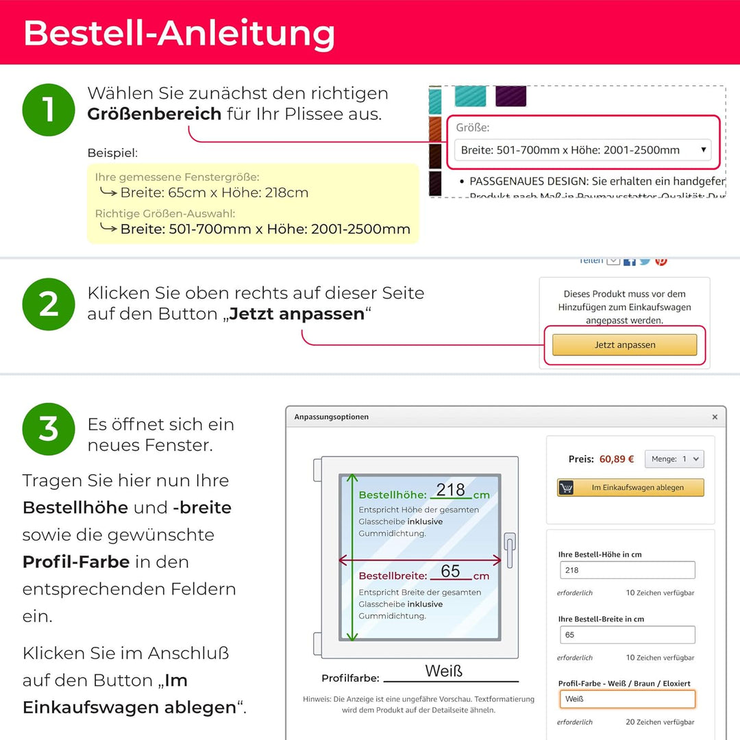 SchattenFreude Plissee nach Mass für Fenster & Tür | Zum Anschrauben in der Glasleiste | Silber, Bre