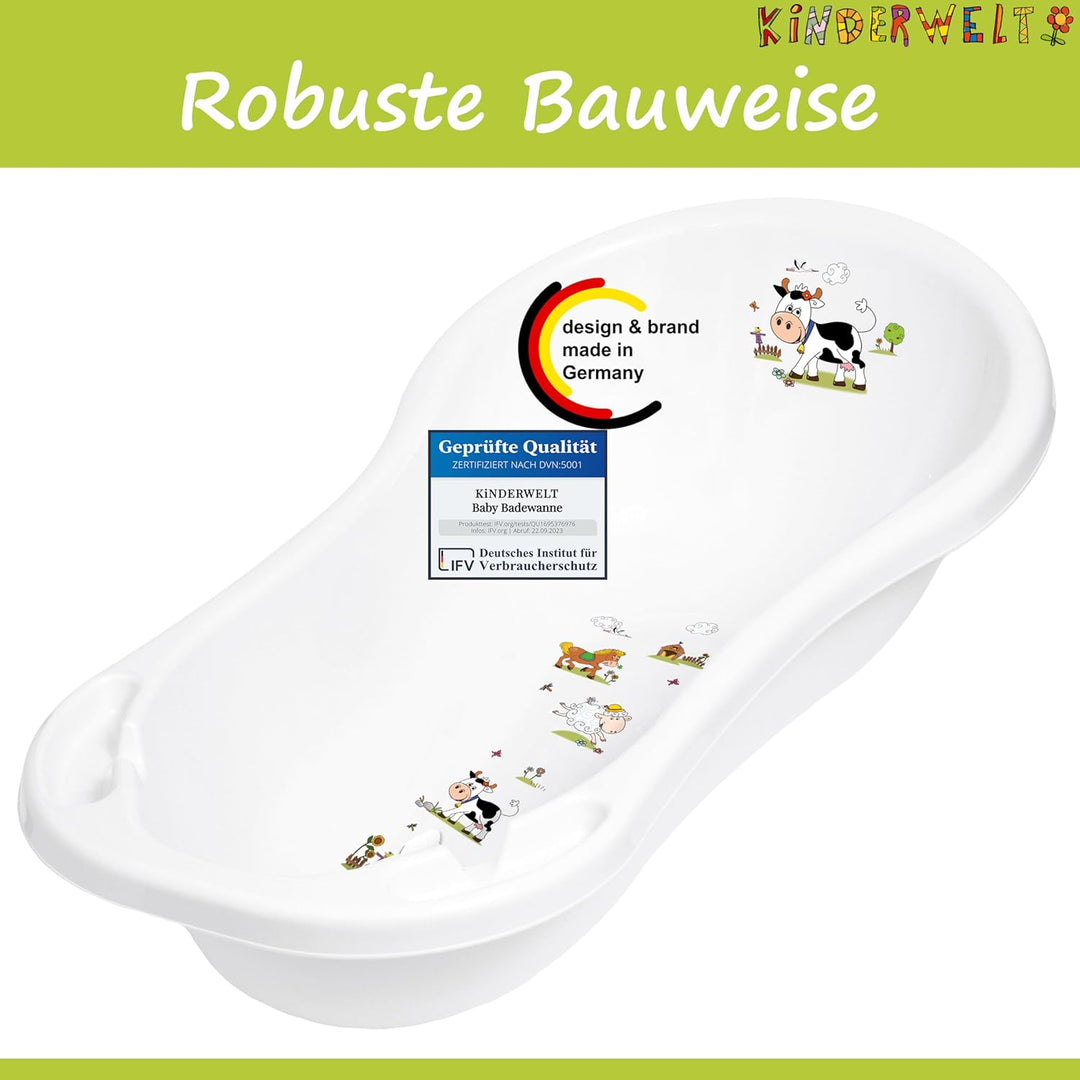 KiNDERWELT Babywanne 100 cm - Baby Badewanne mit Funny Farm Motiv - BPA-Frei - Wanne zum Baden für B