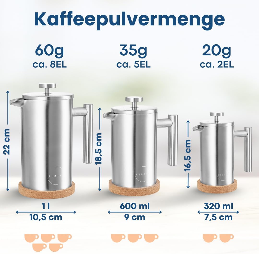 French Press Edelstahl 1000ml I Thermo Kaffeebereiter isoliert I Doppelwandig incl. 3 Ersatzfilter &