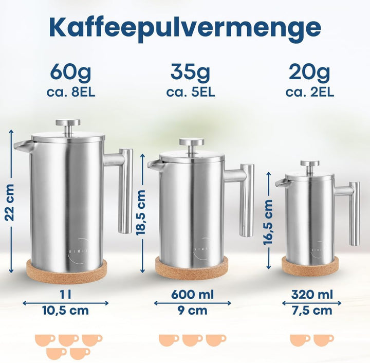 French Press Edelstahl 1000ml I Thermo Kaffeebereiter isoliert I Doppelwandig incl. 3 Ersatzfilter &