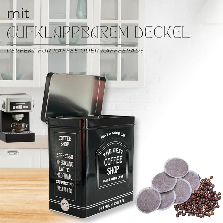 Vorratsdose Kaffeedose Teedose eckig mit Schublade, lackiert schwarz mit weisser Schrift Masse: (H/B
