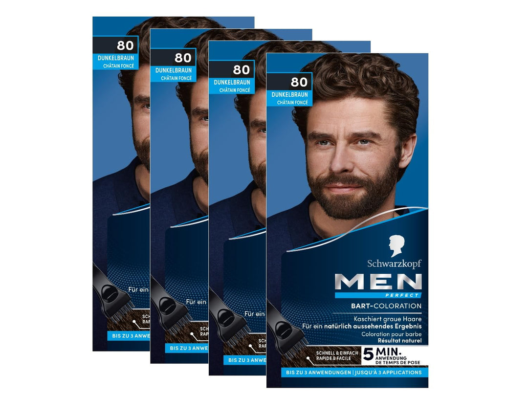 Schwarzkopf Men Perfect Bart-Coloration 80 Natur Schwarz-Braun Stufe 2 (4x 30 ml), Bartfärbemittel z