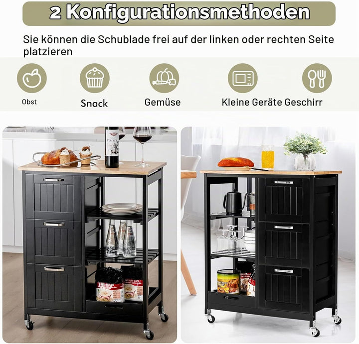 KOMFOTTEU Küchenwagen, vierstöckiger Küchenschrank mit Arbeitsplatte, 3 Schubladen und Lagerregal, S
