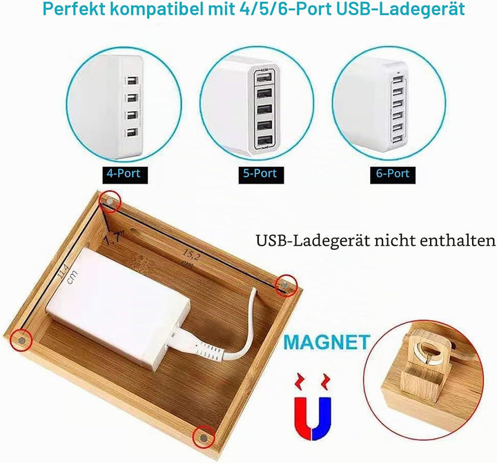 USB Ladestation Mehrere Geräte, Handyladestationen aus Holz, Handy Organizer Ladestation, Ablage für