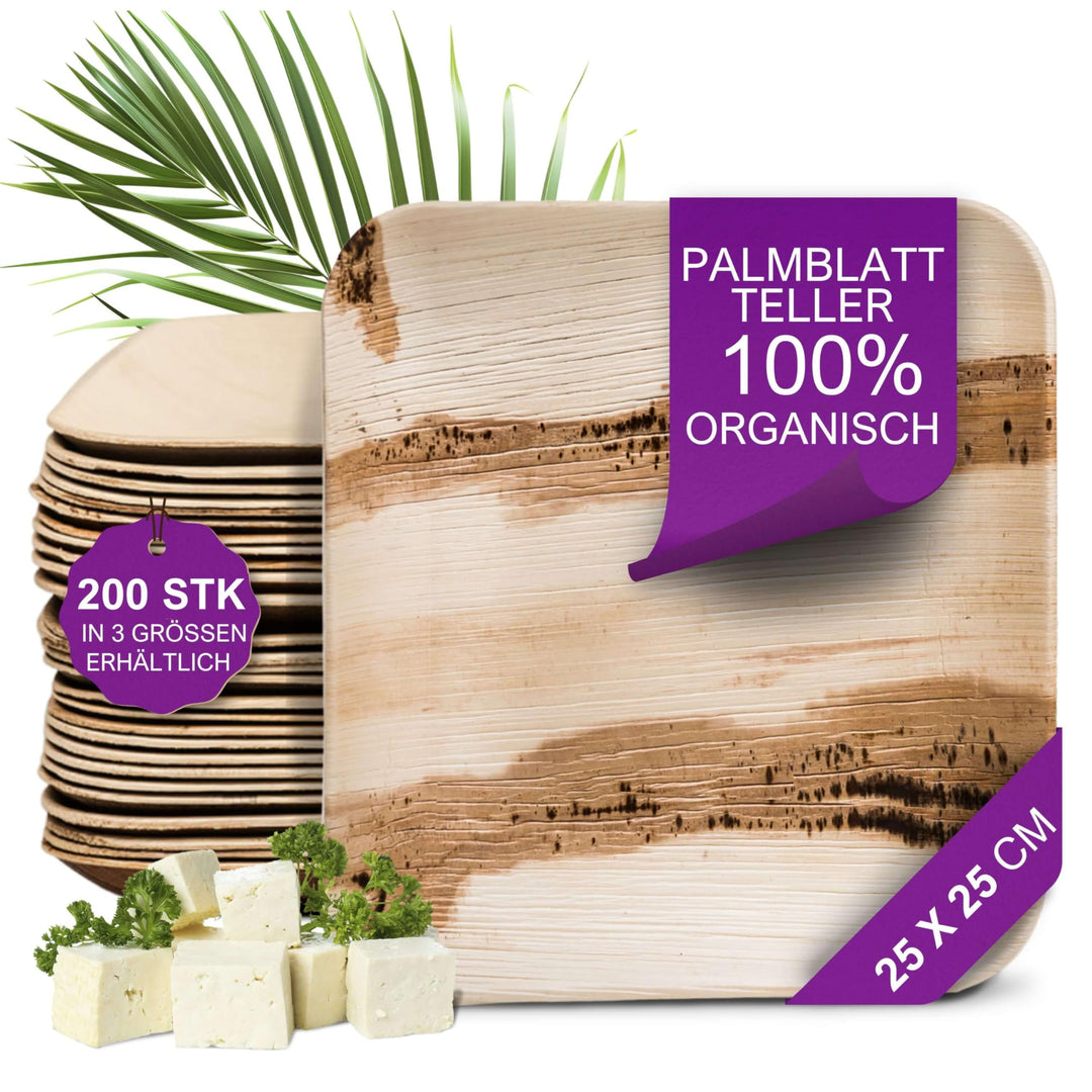 Waipur Bio Palmblattteller - 25 Teller Eckig 15x15 cm - Premium Einweggeschirr kompostierbar erh. in