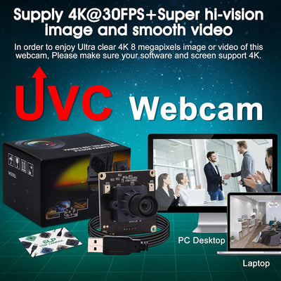 ELP 4K Ultra HD Webcam Unterstützung 3840x2160@30fps mit No-Distortion Objektiv, IMX317 Sensor PC We